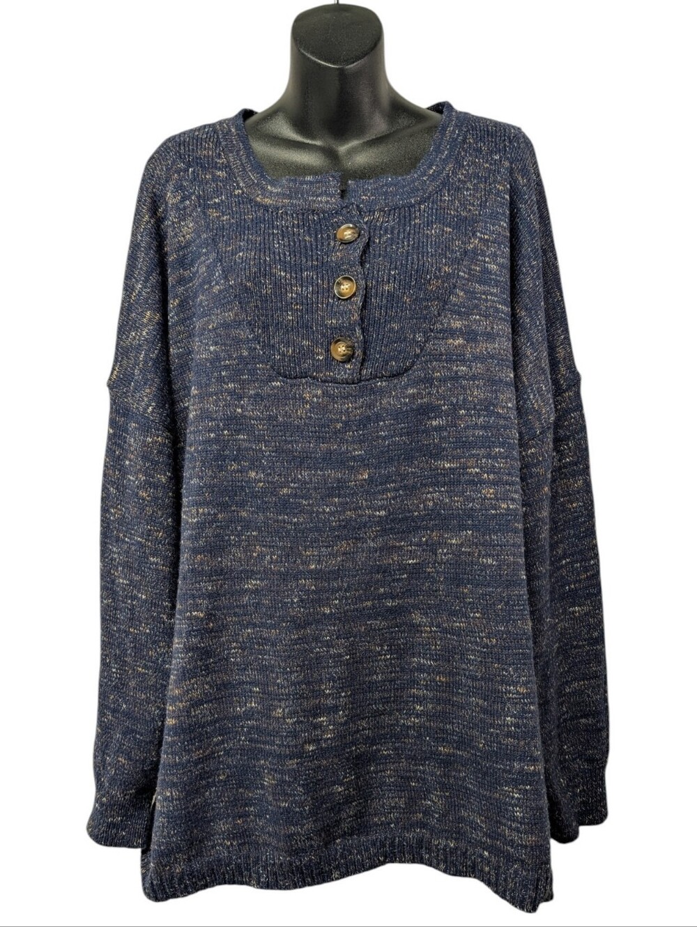 BLOOMCHIC Blue Heathered Knit Henley Button Pullover Sweater Womens Plus 26 NWOT